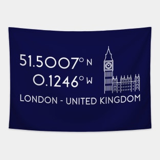 London Map Coordinates (latitude and longitude) focused on Big Ben - white text + image Tapestry