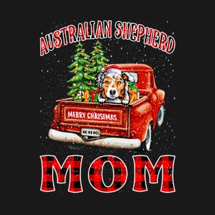 Christmas Australian Shepherd Mom Santa Hat Truck Tree Plaid Dog Mom Christmas T-Shirt