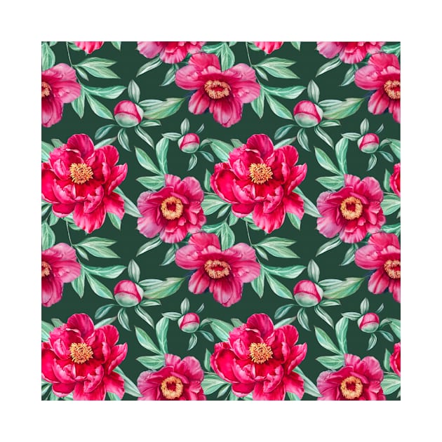 Pattern with bright peonies on green by Oksana Creates