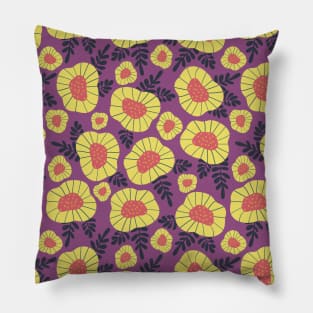 Abstract yellow and blue Scandinavian flowers on purple Pillow