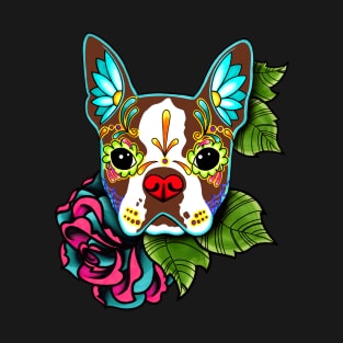 Boston Terrier in Red - Day of the Dead Sugar Skull Dog T-Shirt