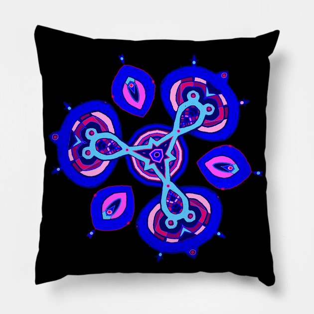 Petaaw Dance of the Cowrie Mystical African Patterns Blue Pink Pillow by Tony Cisse Art Originals