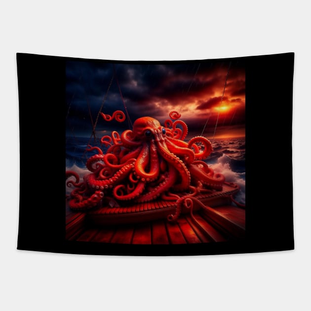 Octopus on a boat on a scary night Tapestry by Artistrycreations 