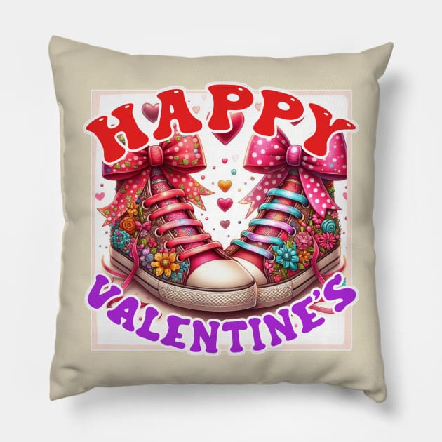 Happy Valentine's Love: Vibrant Shoe Affection in White, Red, Yellow, and Blue Pillow by PopArtyParty