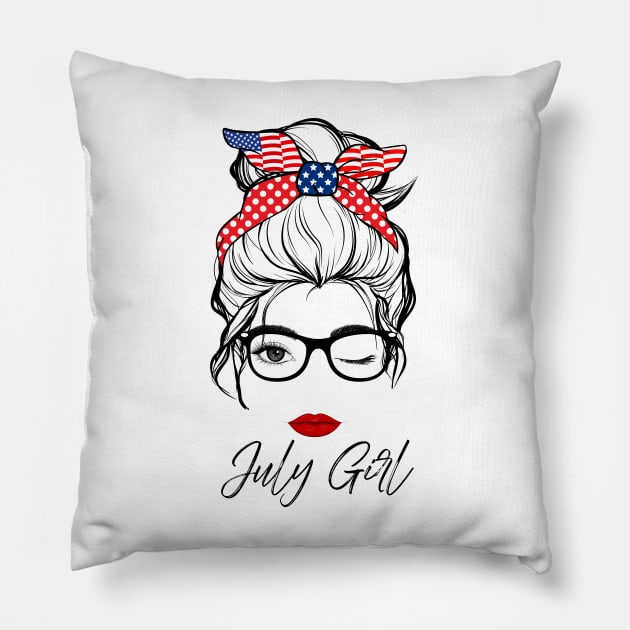 July Girl Fourth of July Wink Eye Face Lady Girls Birthday Pillow by springins