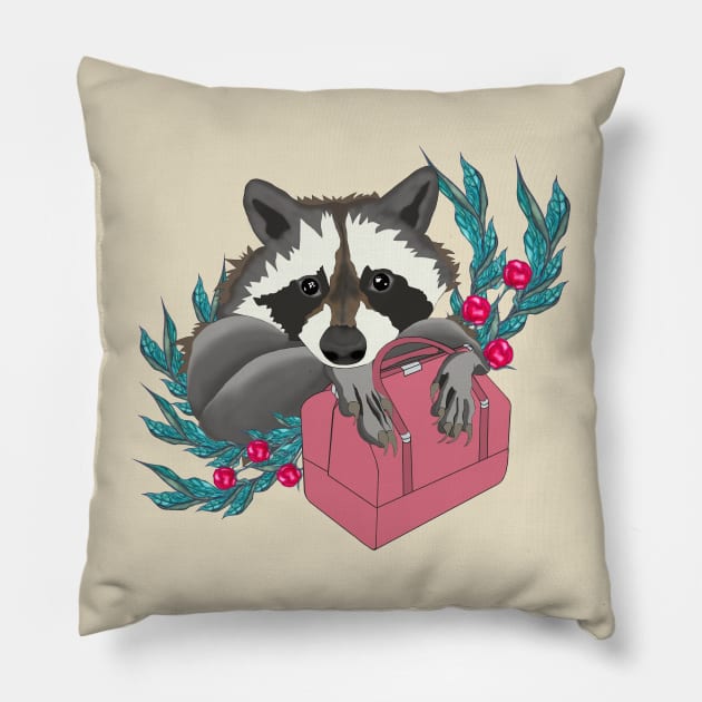 Fashionable raccoon with pink bag and flowers Pillow by KateQR