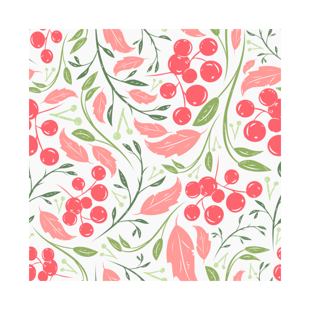 Garden Pink Green Leafes and Berries by Merch ArtsJet