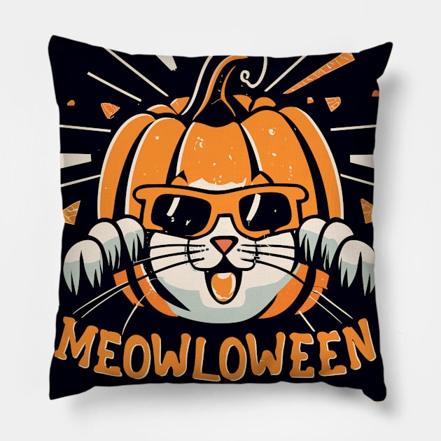 Cat Halloween Pumpkin Cute Pillow by RetroColors