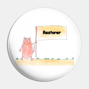 Restorer. Profession, work, job. Cat shows a banner with the inscription. Watercolor illustration. A gift for a professional. Pin