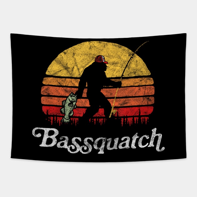 Bassquatch Funny Bigfoot Fishing Outdoor Retro Tapestry by Aleem James