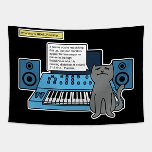 Cat on Music Studio Desk with Analogue Synthesizer Tapestry