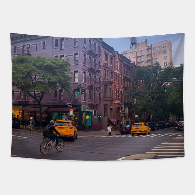 Upper West Side Yellow Cabs Biker Manhattan NYC Tapestry by eleonoraingrid