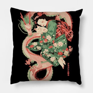 Japanese Girl With Dragon and Cats 2 T-Shirt 10 Pillow