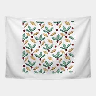 Gold Green Holly Leaves Red Berries White Design Tapestry