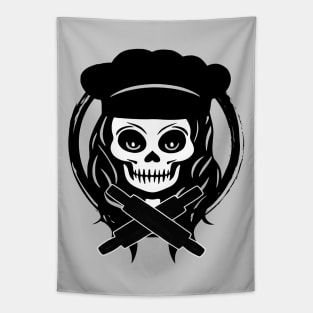 Female Baker Skull and Rolling Pins Black Logo Tapestry