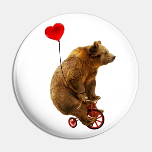 Grizzly Bear Riding a Red Tricycle with Heart Balloon Pin