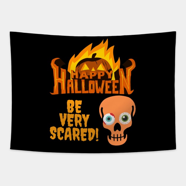 Happy Halloween Flame Pumpkin Skull Spooky Be Very Scared Tapestry by Jo3Designs