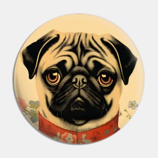 Floral Pug Dog Portrait in Suit Vintage Art Pin