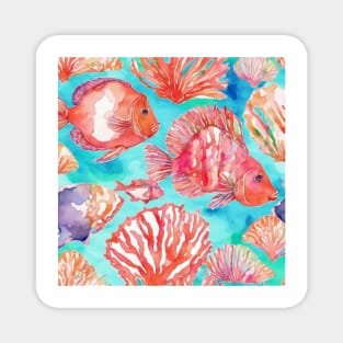 Corals and tropical fish on turquoise watercolor Magnet