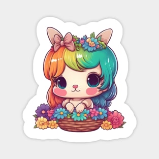 Kawaii Easter Bunny Girl In Basket With Spring Rainbow Flowers Magnet