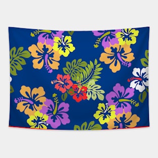 Colorful Hibiscus Flowers in Blue Tapestry