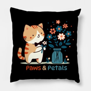 Paws and Petals | Cute Kitty Cat collecting Flowers | Kawaii Kitty Cat Lover Pillow