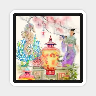 Chinoiserie landscape with seahorse watercolor painting Magnet