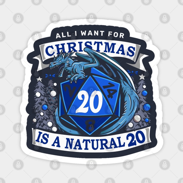 Blue Natural 20 - Christmas Dragon Magnet by 1BPDesigns