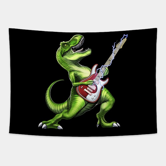 T-Rex Dinosaur Playing Guitar Tapestry by underheaven