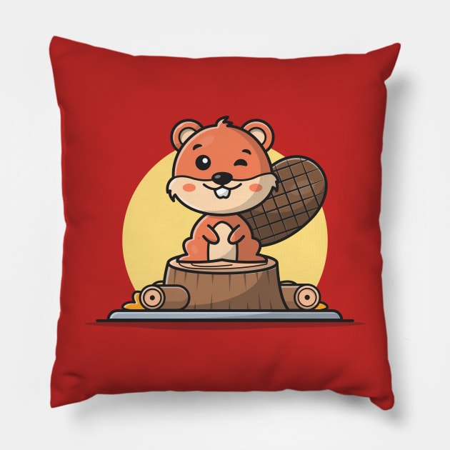 Cute Beaver Sitting Cartoon Vector Icon Illustration Pillow by Catalyst Labs