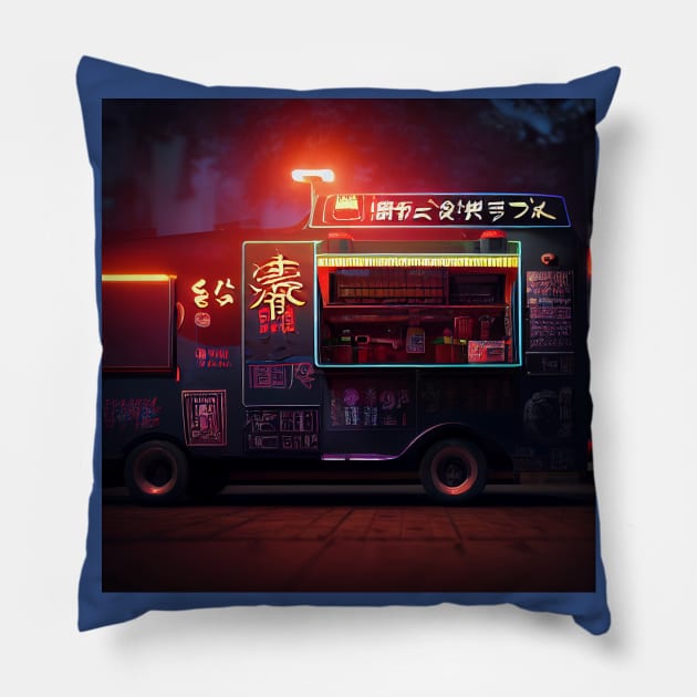 Cyberpunk Tokyo Ramen Food Truck Pillow by Grassroots Green