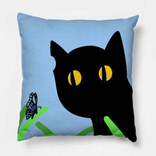 cute black cat and butterfly Pillow