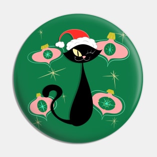 Black Cat with Pink Ornaments Christmas MCM Cartoony Pin
