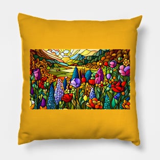 Stained Glass Colorful Mountain Meadow Pillow