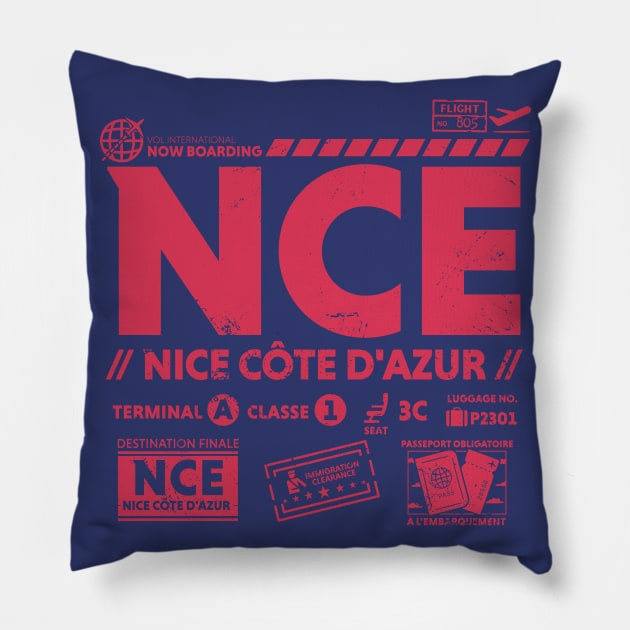 Vintage Nice Cote d'Azur NCE Airport Code Travel Day Retro Travel Tag France Pillow by Now Boarding