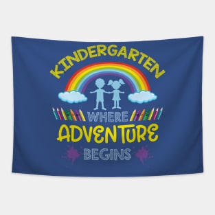 kindergarten where the adventure begins funny teacher appreciation gift Tapestry