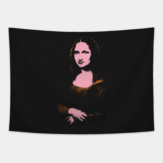 The Mona Lisa 80s colors Minimal Mona Lisa street art on default black background Tapestry by pelagio