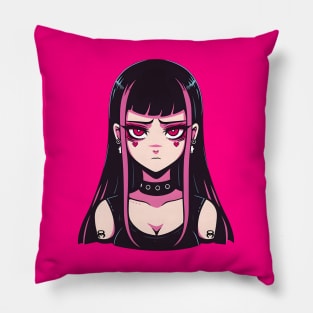 Anime Goth Girl with Chokers and Tattoos - Edgy Character Art Pillow