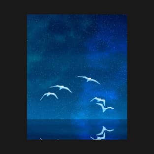 Fantasy Night Time Glowing Bird Reflection Landscape Painting T-Shirt