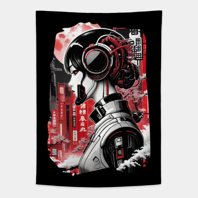 Futuristic Japanese Style Girl - Cyberpunk Tapestry by pibstudio. 