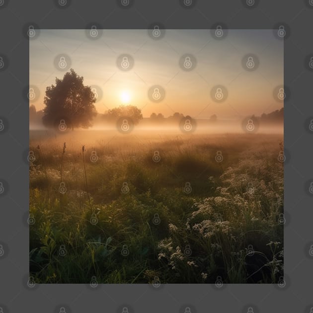 Sunrise over a green meadow fog rises in the summer by Andrew World