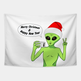 Alien in a Santa hat Tapestry