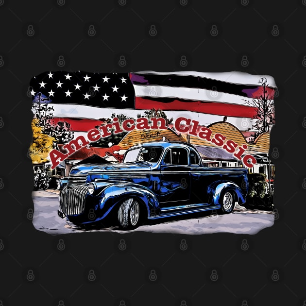 Cartoon Classic Old American Truck with American Flag by Custom Autos