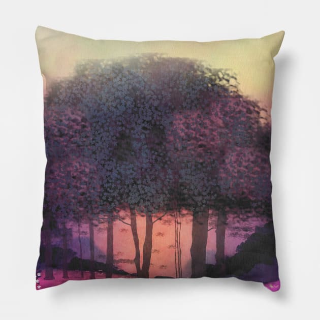 Pink Sunset Forest Pillow by saradaboru