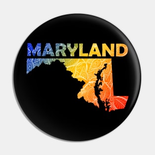 Colorful mandala art map of Maryland with text in blue, yellow, and red Pin