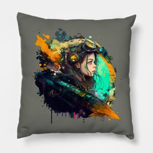 Cyberpunk Post-apocalypse Futuristic Girl on a Mission Pillow