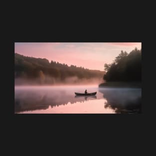 Canoe Gliding Silently Through A Mist Covered Lake At Dawn T-Shirt