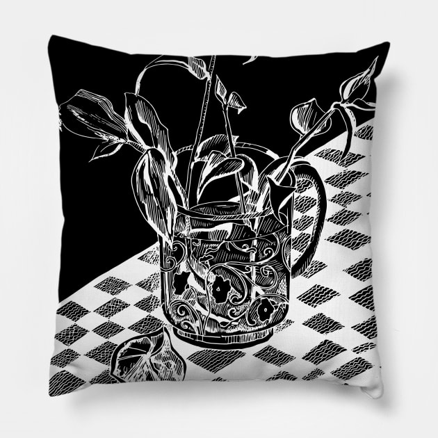 White outline on a black background. Still life with flowers. Pillow by ElizabethArt