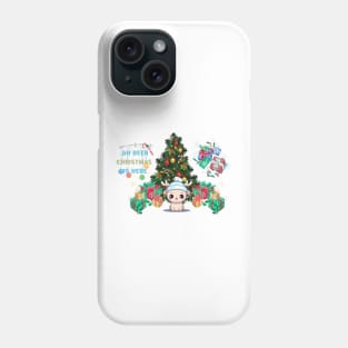 Reindeer sitting in front of the Christmas tree surrounded by presents Phone Case