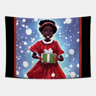 Cute little anime black girl with christmas gift Tapestry